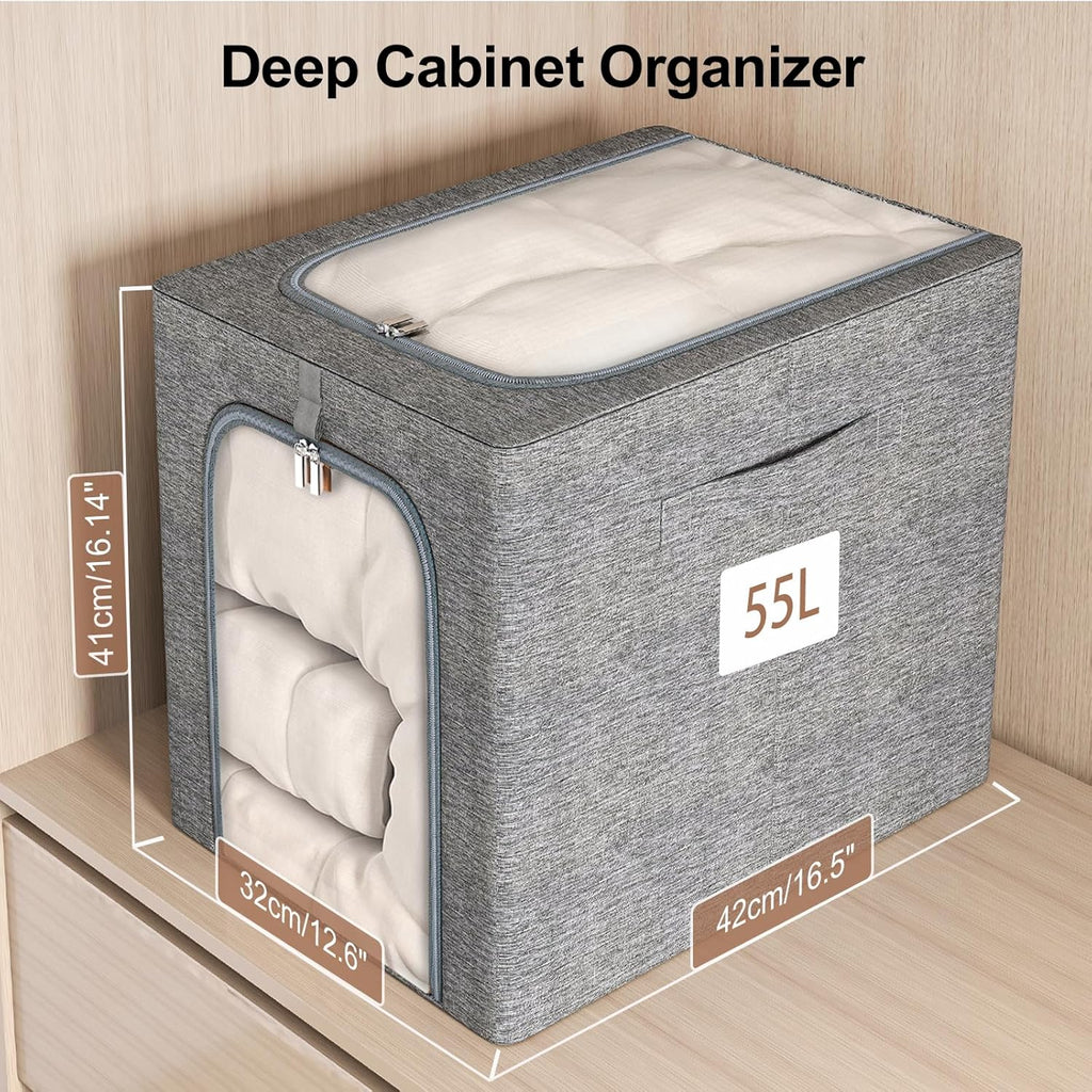 GoMaihe Clothes Storage Bins Metal Frame: 55L Extra Large Stackable Closet Storage Bin with Lid & Clear Window, Heavy Duty Blanket Box for Winter Coats Comforters (Fits Deep Closet 4-Pack)