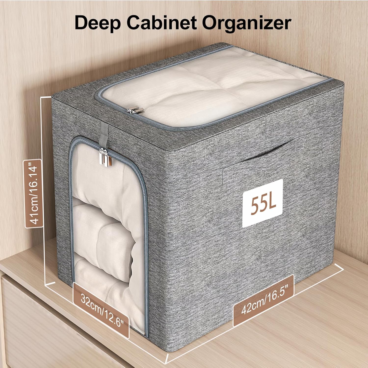 GoMaihe Clothes Storage Bins Metal Frame: 55L Extra Large Stackable Closet Storage Bin with Lid & Clear Window, Heavy Duty Blanket Box for Winter Coats Comforters (Fits Deep Closet 4-Pack)