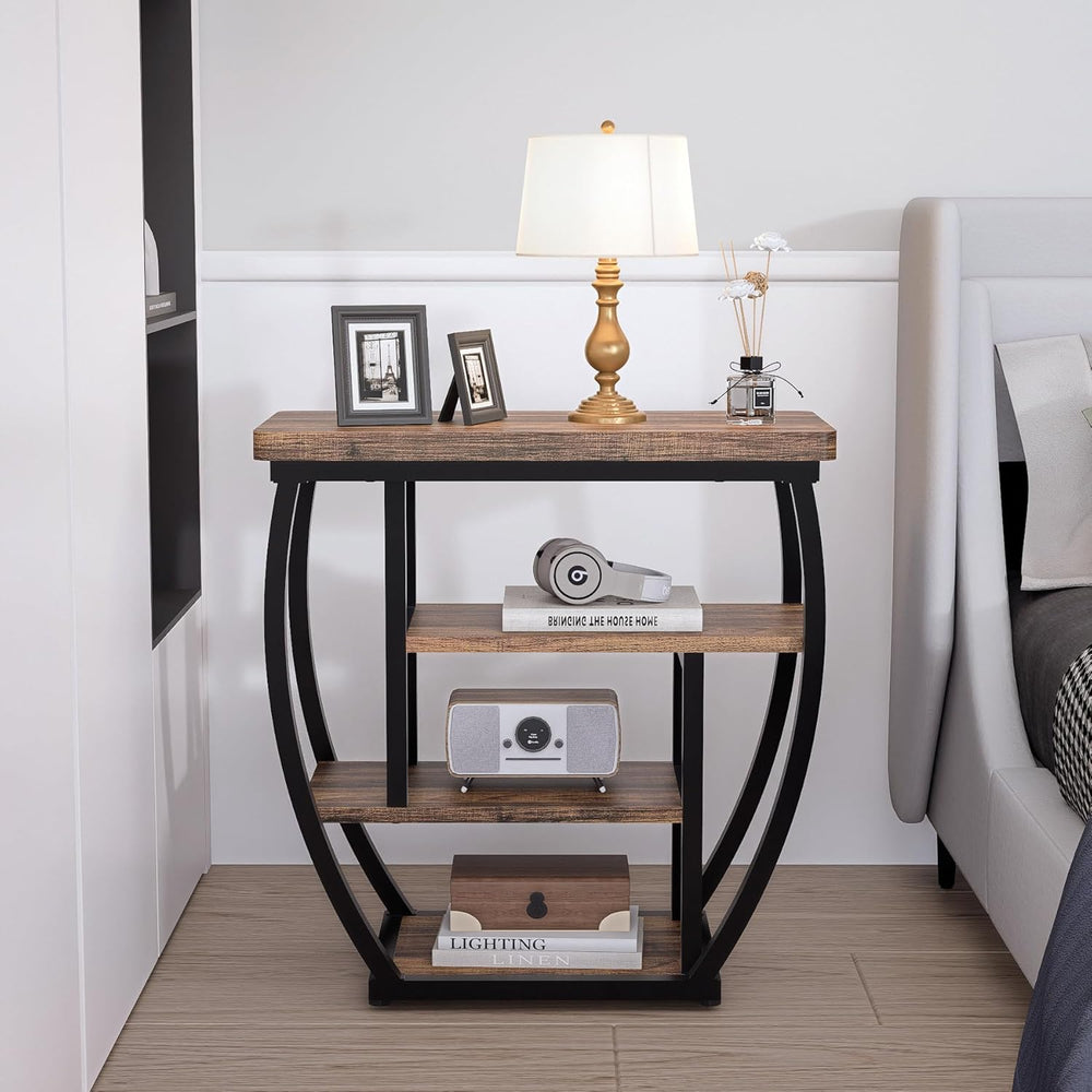 4-Tier End Table with Storage, Narrow Side Table for Living Room, Wood Sofa S...