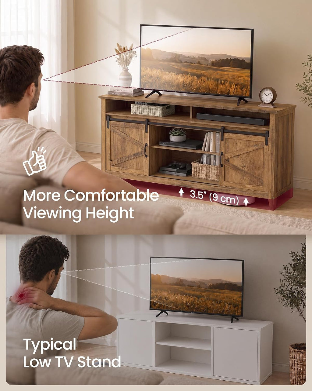 VASAGLE Tall Farmhouse TV Stand, Entertainment Center with Barn Doors, Storage Media Console Cabinet for Living Room, Bedroom, 58.3 x 15.7 x 31.9 Inch, Honey Brown, LIRY Collection ULTV031K101S