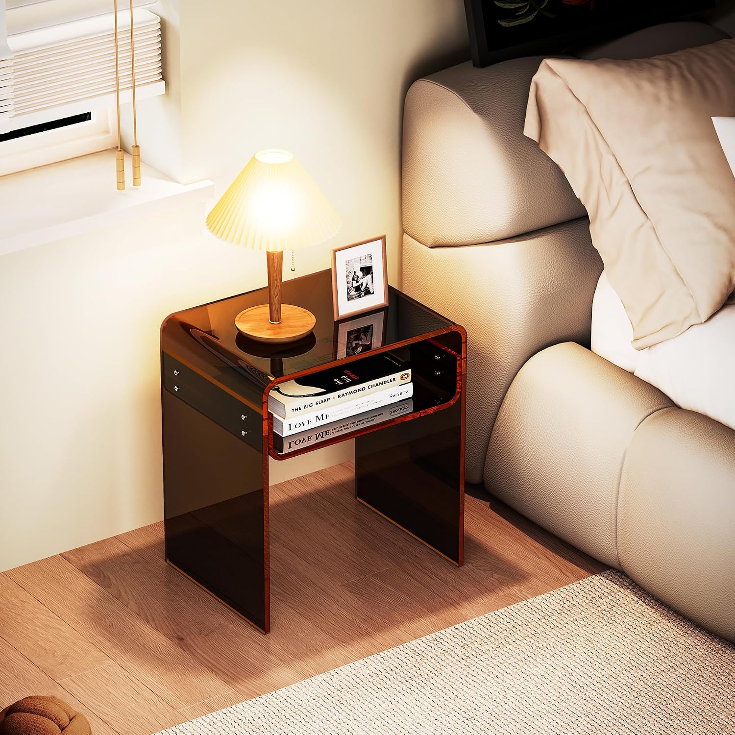 Clear Acrylic End Table 2-Tier Bedside Nightstand for Living Room Bedroom (1, Dark Brown)
