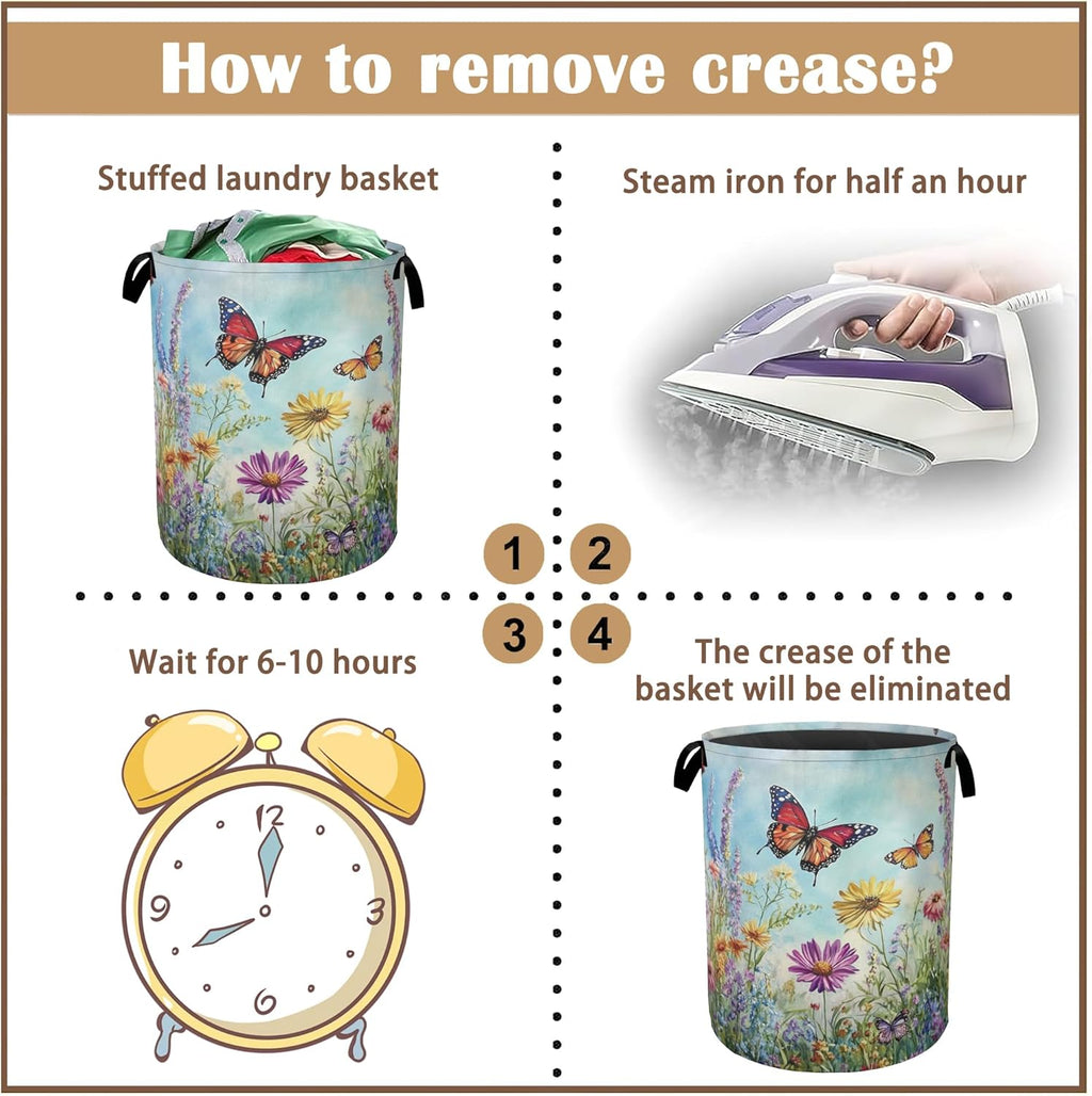 Colorful Butterfly Collapsible Laundry Baskets,Flowers Laundry Hamper,Storage Basket with Handles for Bathroom Bedroom College Dormitory Living Room Nursery Organizer 16"x20"
