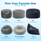 Hobestluk 3 in 1 Bean Bag Chair Giant Bean Bag Chairs for Adults with Plush Faux Fur Cover Convertible Bean Bag Floor Cushion with Machine Washable Cover for Living Room (Plush Dark Grey)