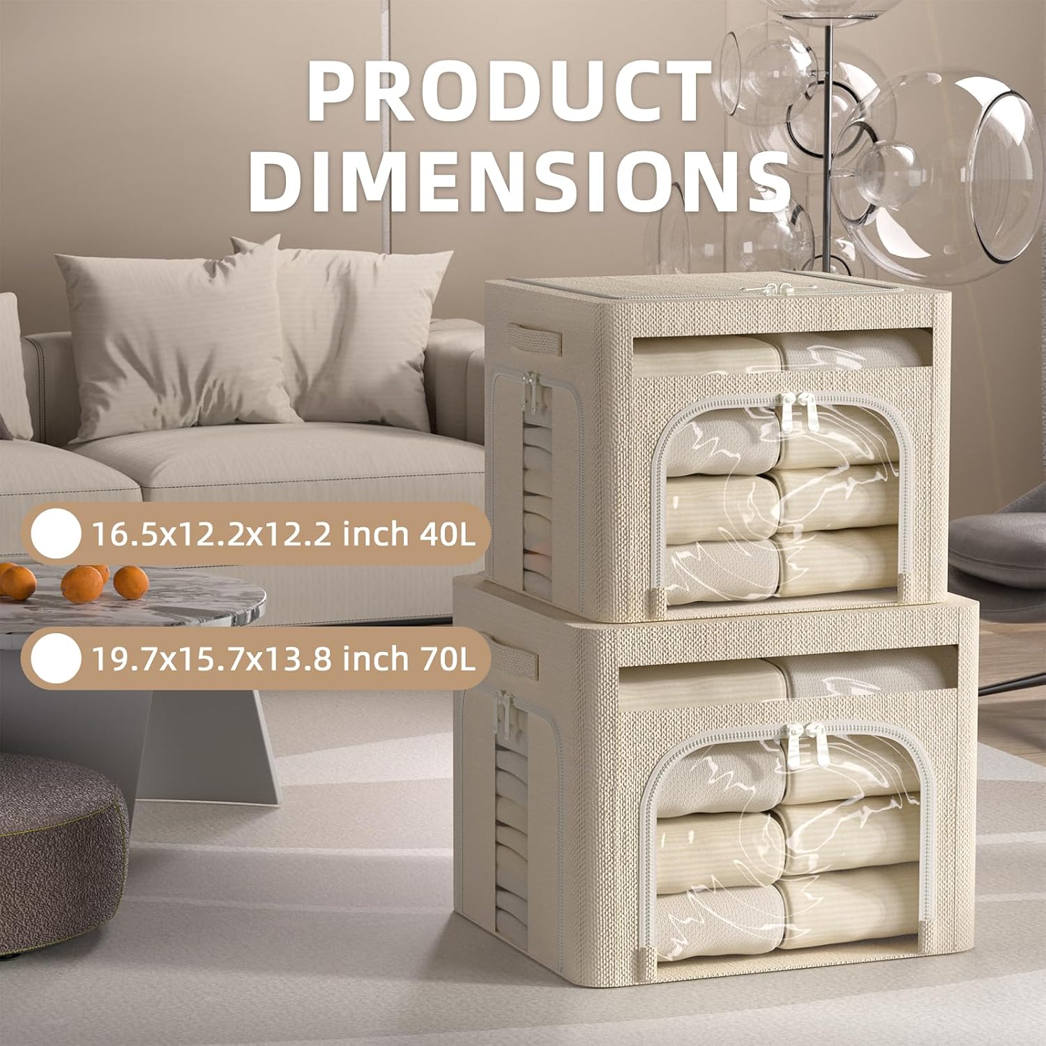 FHSQX 6 Pack Foldable Storage Bins for Clothes Clothes Storage Bins with Metal Frame Stackable Storage Box with Lid (Beige, 16.5x12.2x12.2 inch (40L))