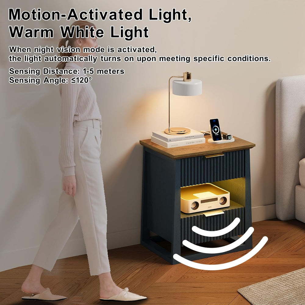 HIFYOBRO Fluted End Table with Charging Station and Motion Sensor Light, Mode...