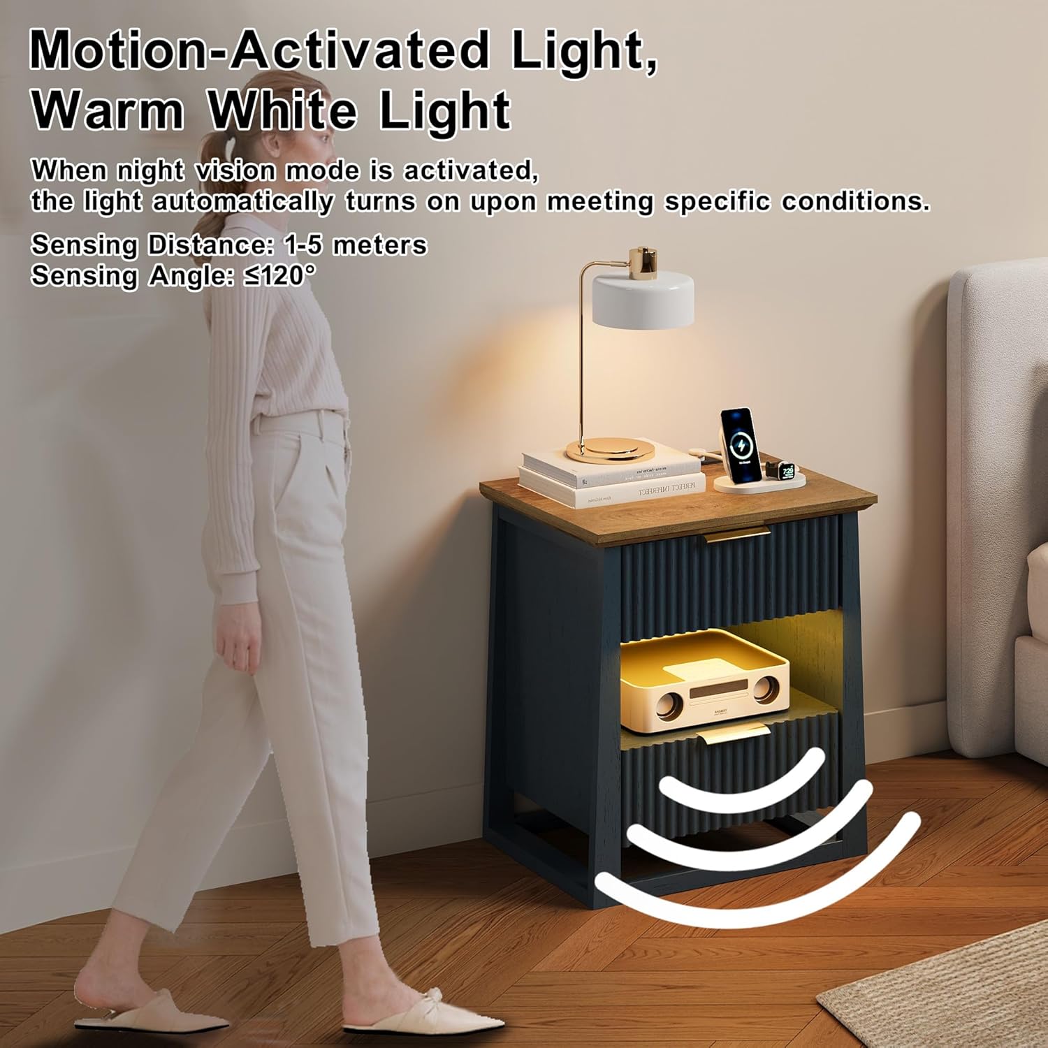 HIFYOBRO Fluted Nightstands with Charging Station & Motion Sensor Light, Modern Bedside Tables with 2 Drawers and Storage Shelf for Bedroom, Living Room,Blue