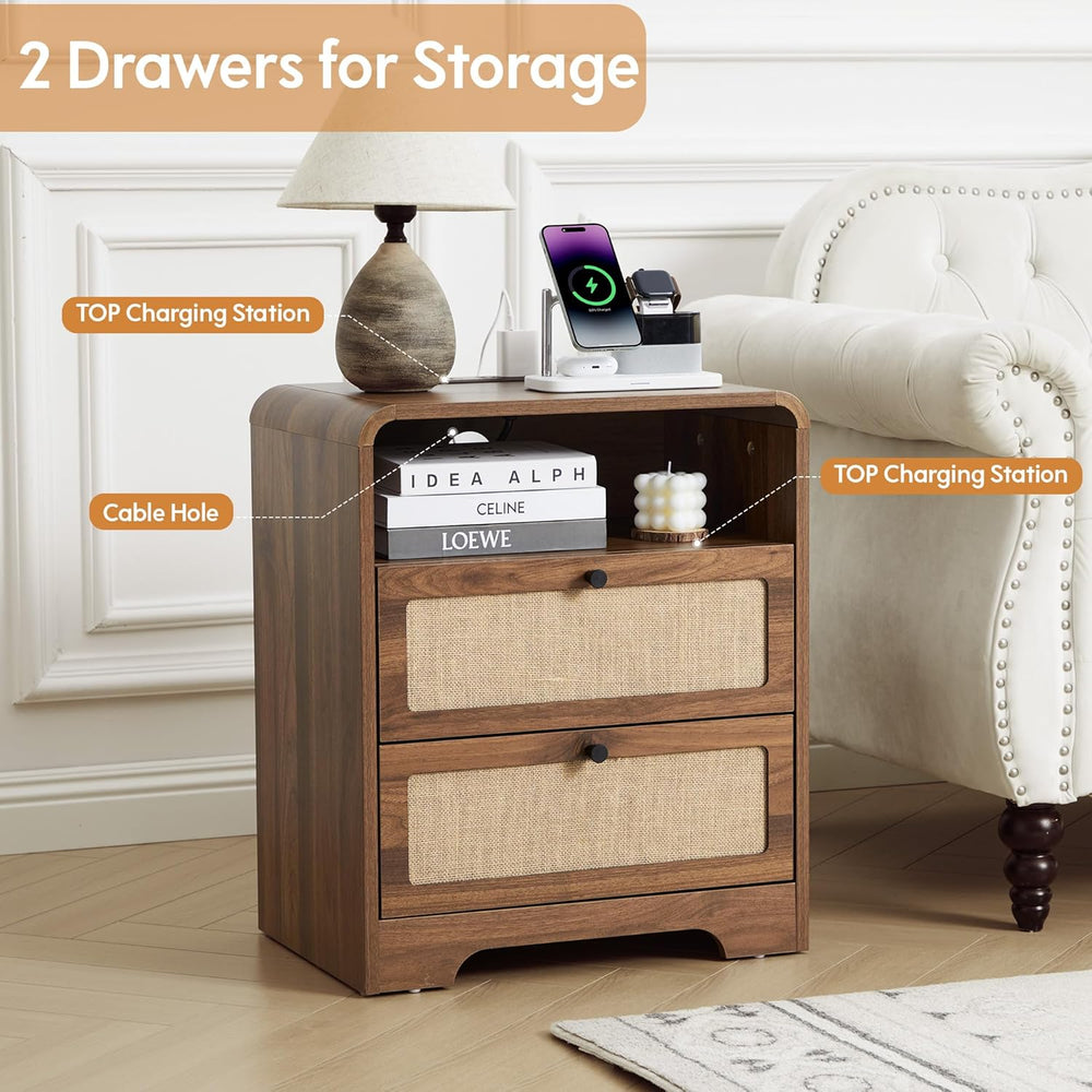 Farmhouse Nightstand with Charging Station, Night Stand with 2 Drawers, Mid-C...