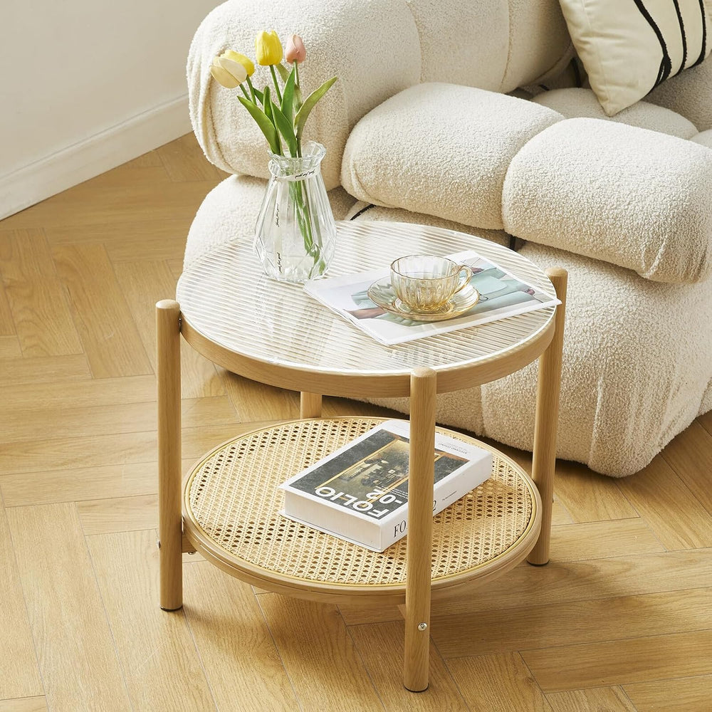 Boho Rattan Coffee Table Set of 2, Round Glass Living Room Table Set | Temper...