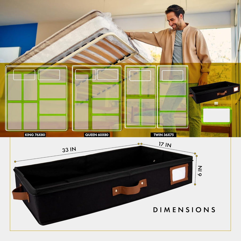 HOMELUX THEORY 2pc Under Bed Storage Containers, Bedroom Under the Bed Drawer Storage Organizer with Bins and Lids, Large Underbed Clothes Storage Box Ideal for Blanket, Fabric, & Shoes (Black)