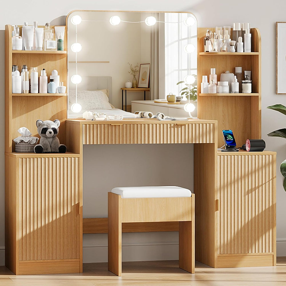 wanan Fluted Vanity, Large Vanity Set with Chair, Outlet, Mirror & Lights...