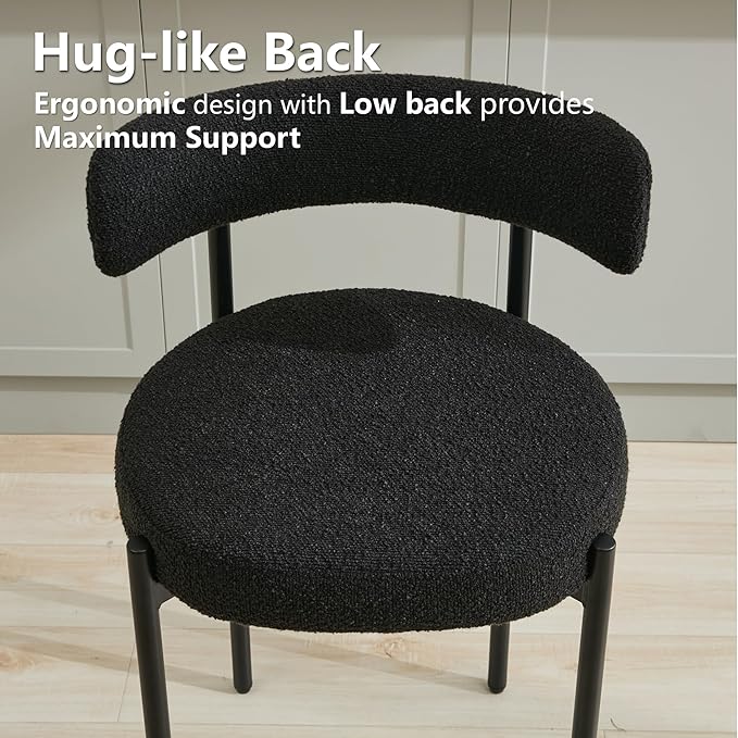 Boucle Dining Chairs Set of 4, Mid Century Modern Dining Room Chairs with Barrel Backrest, Upholstered Black Kitchen Chairs for Dining Room, Restaurant