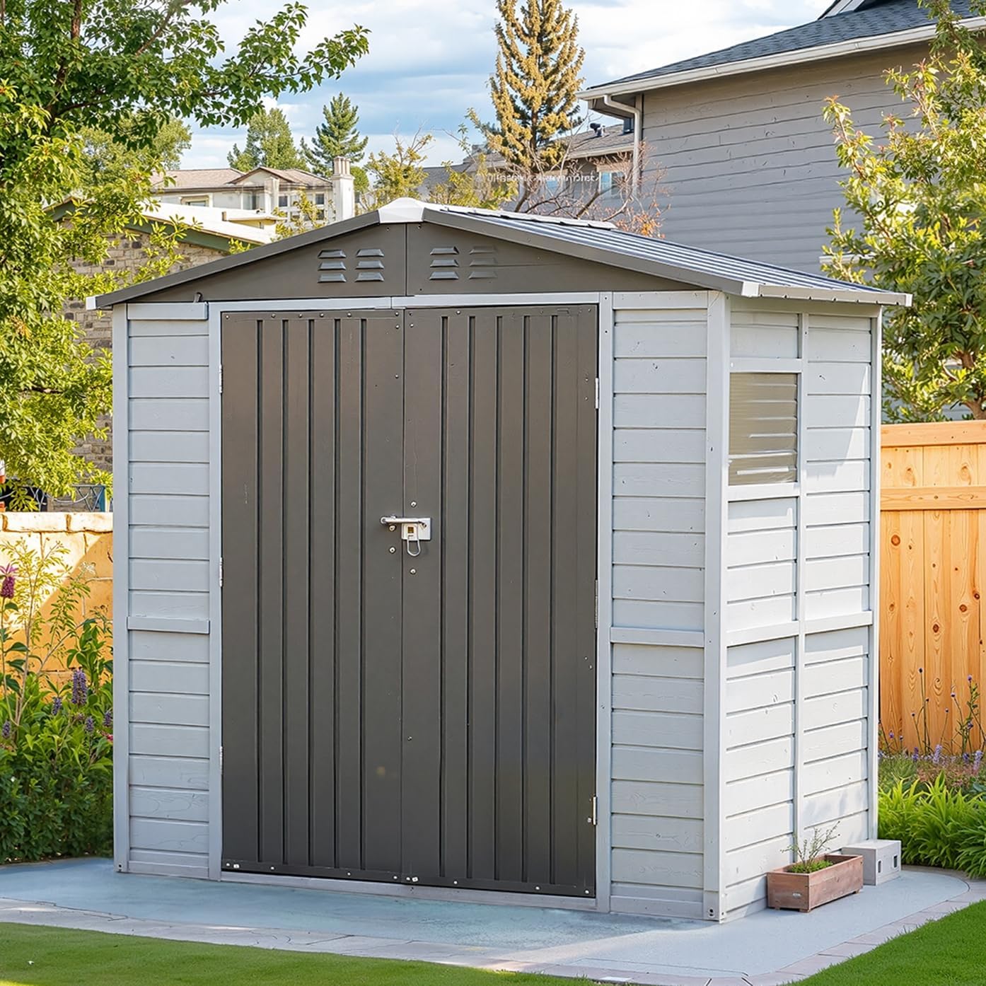 6x4 FT Outdoor Weatherproof Storage Shed, Secure Wood Bike Shed w/Lockable Entry, Garden Storage Solution for Lawn Equipment, Tools, Waste Bin(Gray)