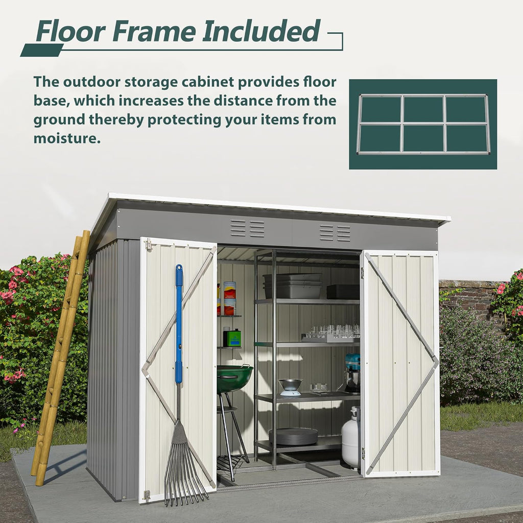 Outdoor Storage Shed, 8 X 4ft Metal Galvanized Steel Garden Shed with Floor Frame, Utility Tool Shed Storage House for Backyard, Patio, Lawn