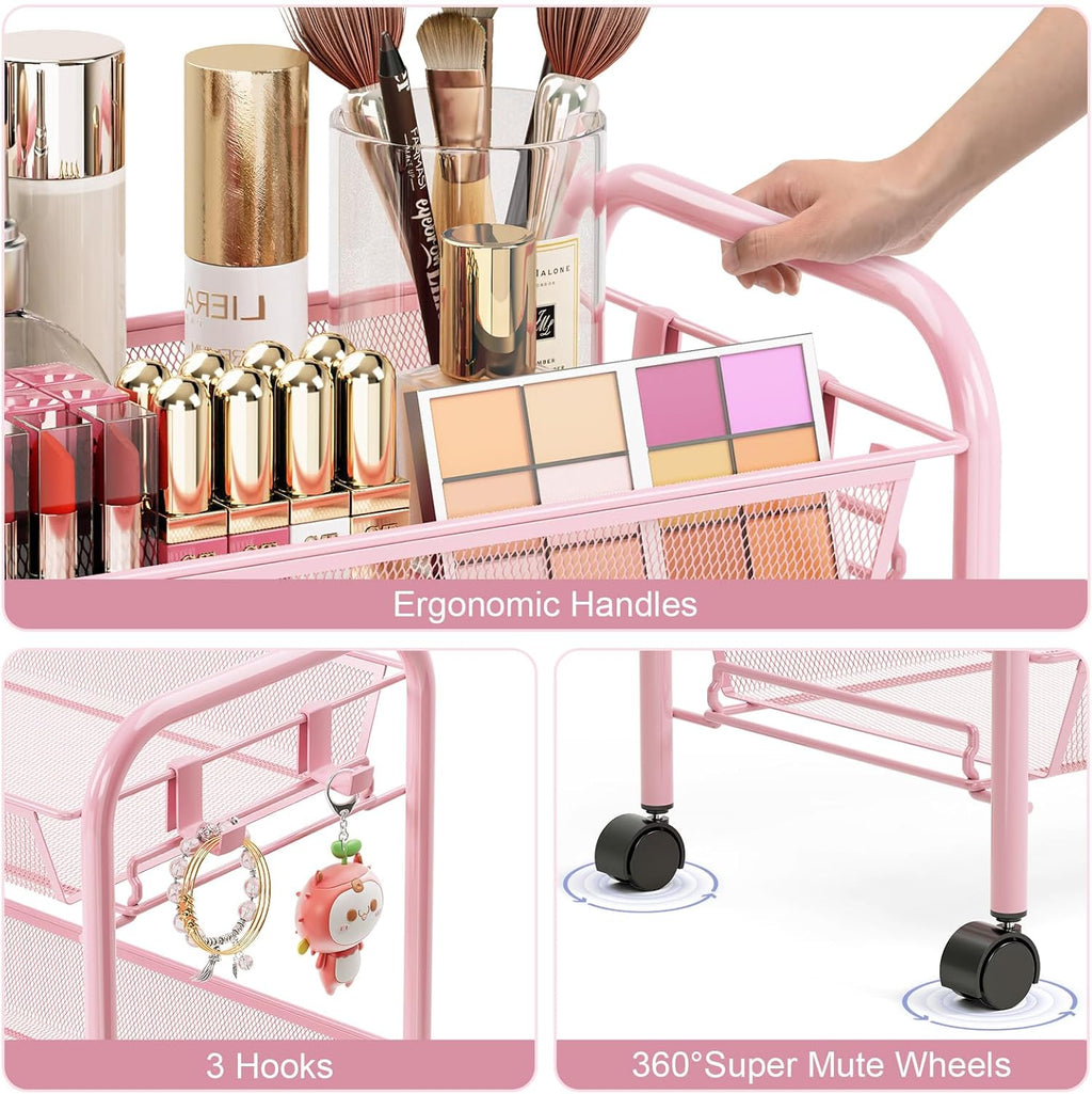 TOOLF 4 Tier Rolling Utility Cart - Durable Metal Design Pink Utility Cart, Storage Trolley on Wheels with 3 Hooks, Perfect for Kitchen, Bathroom & Laundry Room Organization