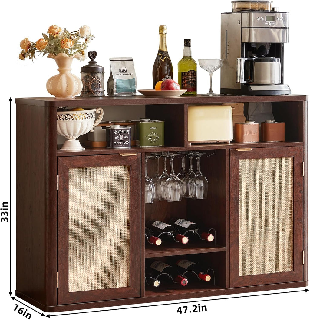 Lerliuo Rattan Wine Bar Cabinet with 2 Doors, Walnut | Boho Liquor Cabinet with Wine Racks & 2 Open Shelves & Rounded Corners for Living Room, Dining Room, Kitchen