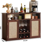 Lerliuo Rattan Wine Bar Cabinet with 2 Doors, Walnut | Boho Liquor Cabinet with Wine Racks & 2 Open Shelves & Rounded Corners for Living Room, Dining Room, Kitchen