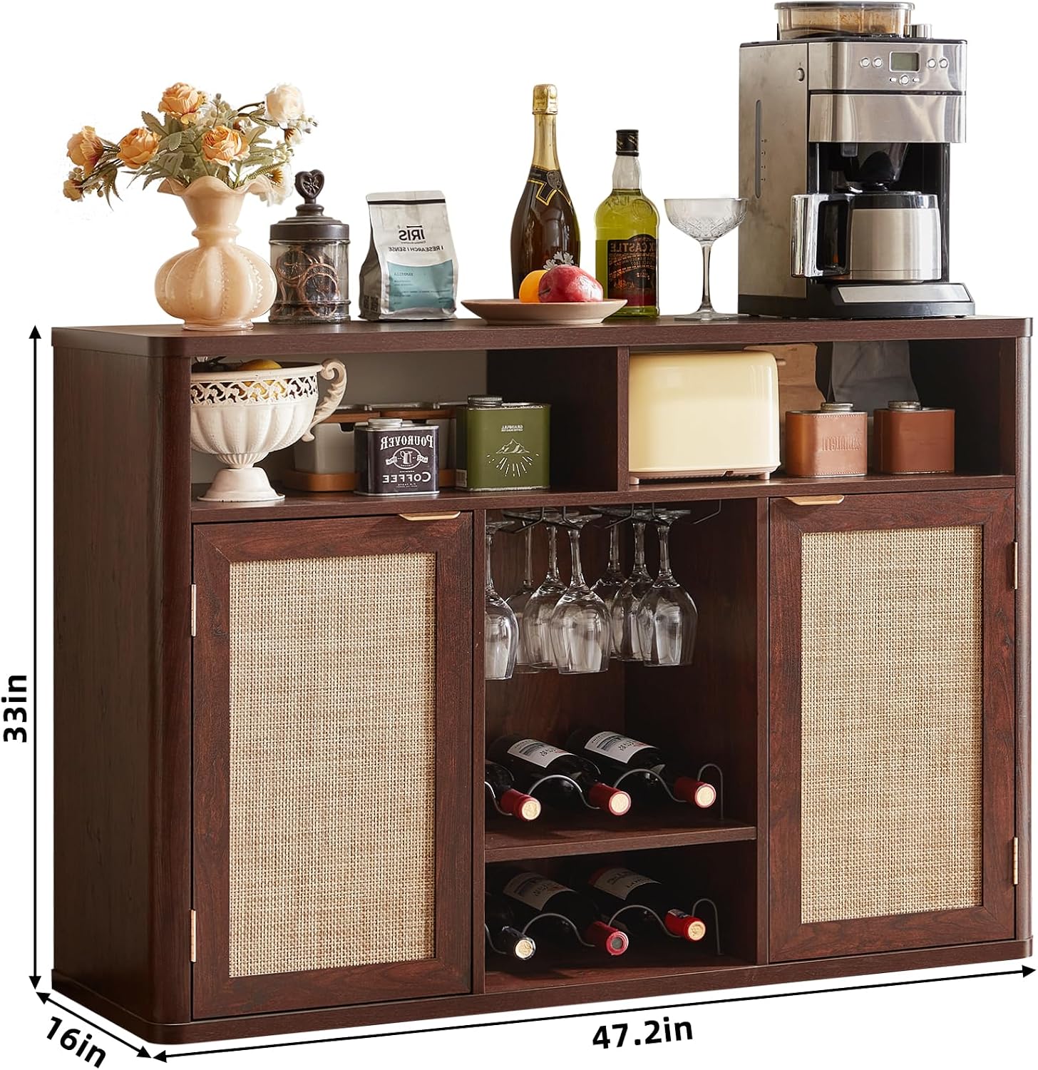 Lerliuo Rattan Wine Bar Cabinet with 2 Doors, Walnut | Boho Liquor Cabinet with Wine Racks & 2 Open Shelves & Rounded Corners for Living Room, Dining Room, Kitchen