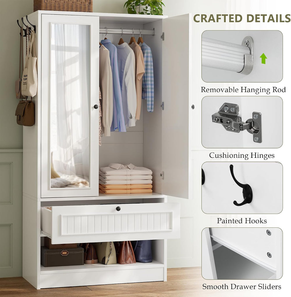 Feonase Armoire Wardrobe Cabinet with Mirror and Drawer, 70" 2-Door Wood...