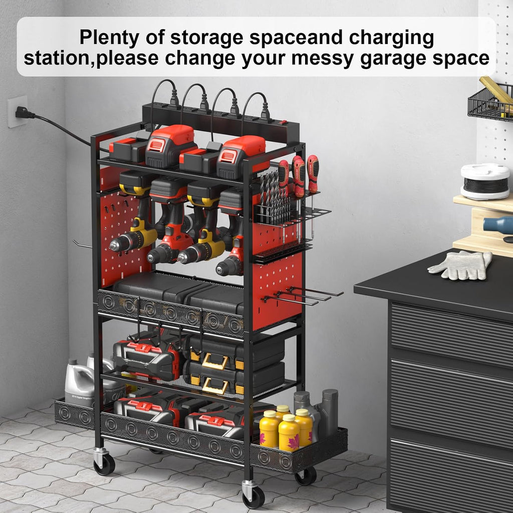 CCCEI Garage Power Tools Organizer Cart with Charging Station, Black Floor Standing Rolling Drill and Tools Battery Storage Cart on Wheels. Red Utility Rack Gift for Men, Husband, Father.