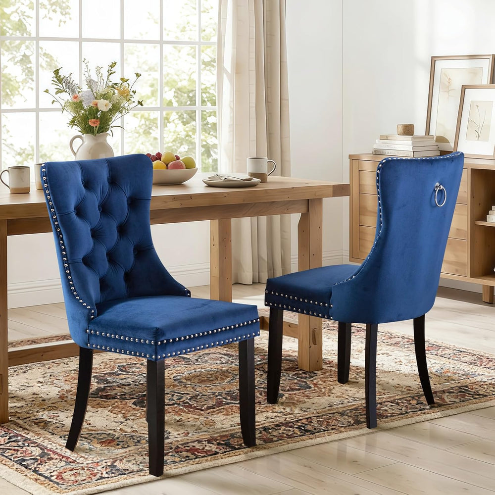Dining Chairs Set of 2,Velvet Kitchen Chairs with Wood Legs(Blue) | JETEAGO U...