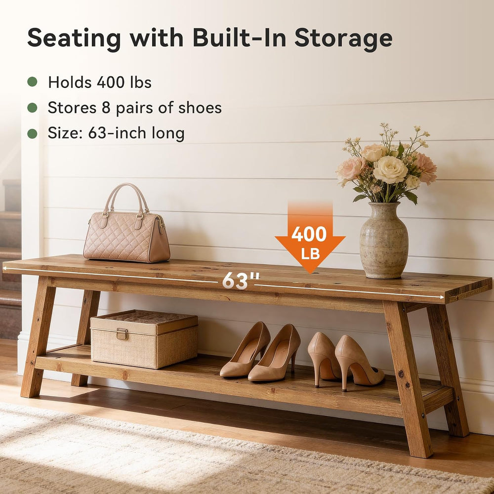 Solid Wood Entryway Bench with Shoe Storage Shelf, 62.99" Long Rustic Ha...