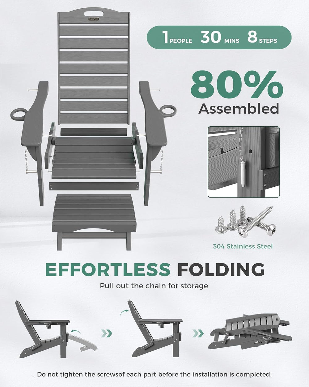 Adjustable Adirondack Chairs with Retractable Ottoman, HDPE Folding Adirondac...