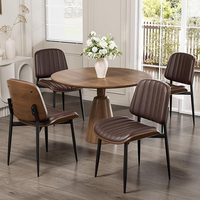 Dining Chairs Set of 4, Mid-Century Modern Upholstered PU Leather Chairs with Walnut Bentwood Back and Metal Legs Adjustable Feet for Kitchen Dining Living Room, Dark Brown Vertical Stripes