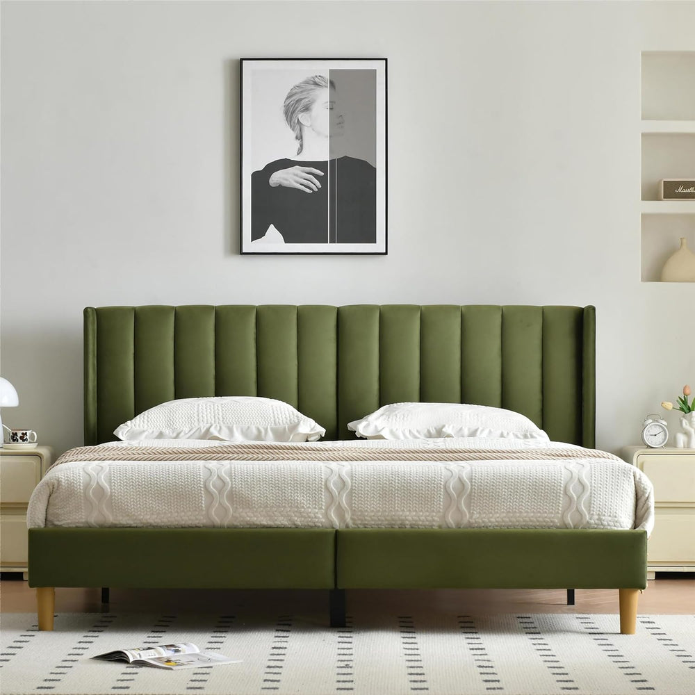 YUHUASHI King Bed Frame，Platform Bed with Upholstered Headboard，Grass Green