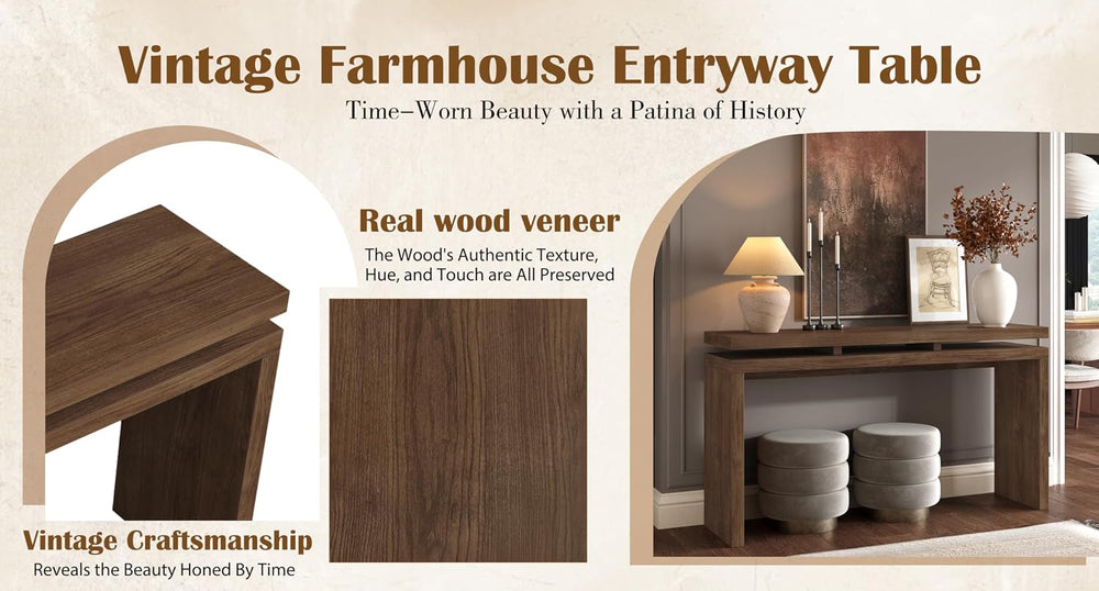 60" Antique Natural Farmhouse Console Table with Double Board Suspension...