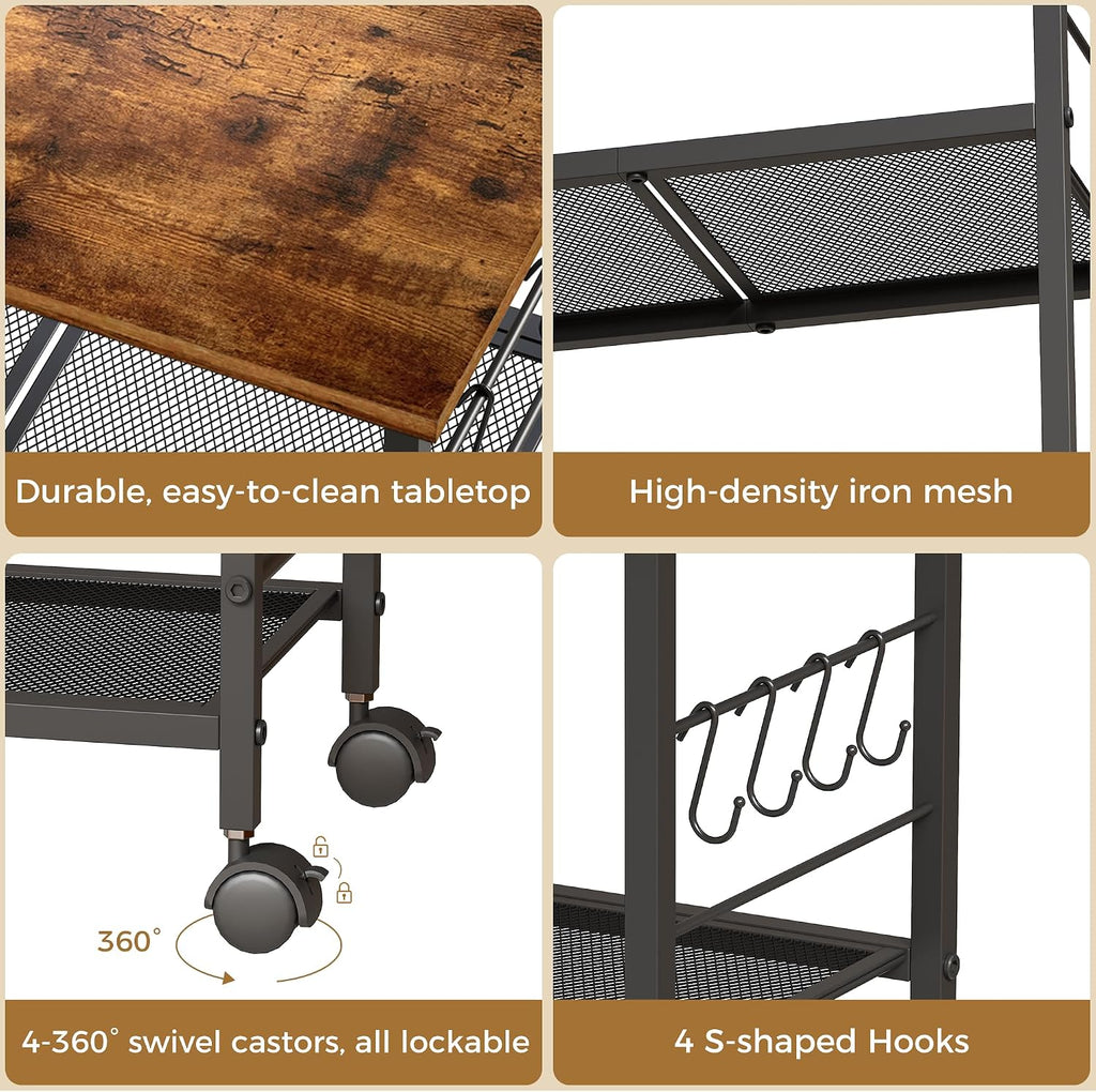 BEWISHOME 3-Tier Rolling Kitchen Microwave Cart, Small Microwave Stand | 4 Lockable Wheels, Hooks, Small Coffee Cart Shelf Rack Organizer for Kitchen, Living Room, Bathroom