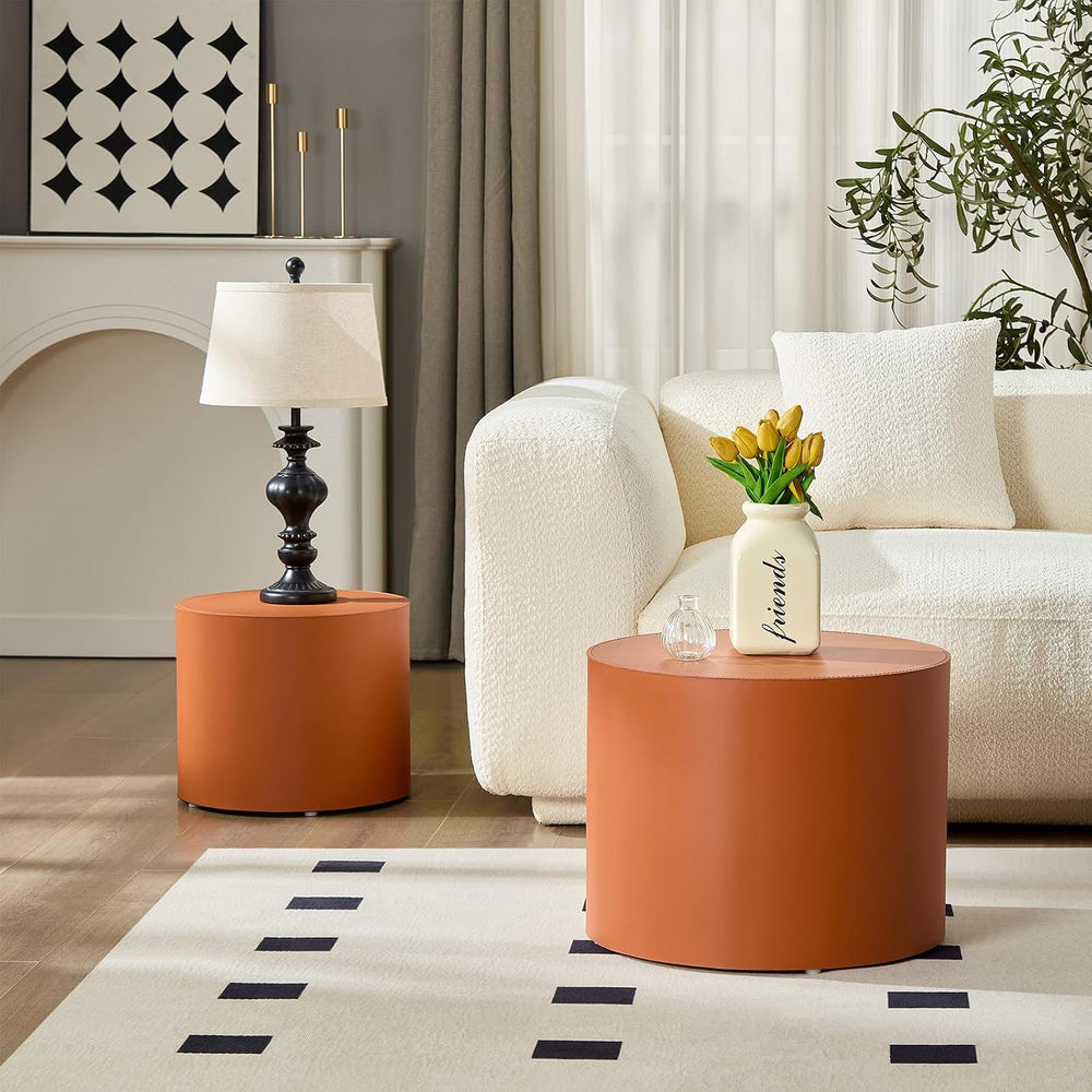 Modern Round Side Table Set of 2, MDF Core with Saddle Leather Upholstery, Cy...