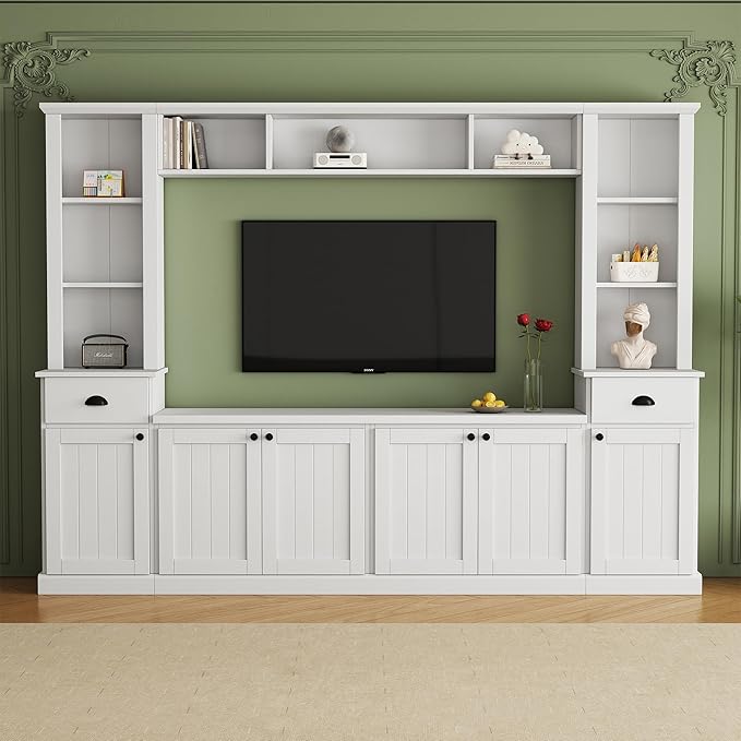 Ball & Cast TV Stand with Cabinets for TVs up to 75",Wall Unit Entertainment Center with Storage and Open Shelves,Modern Media TV Console with 2 Drawers for Living Room,White