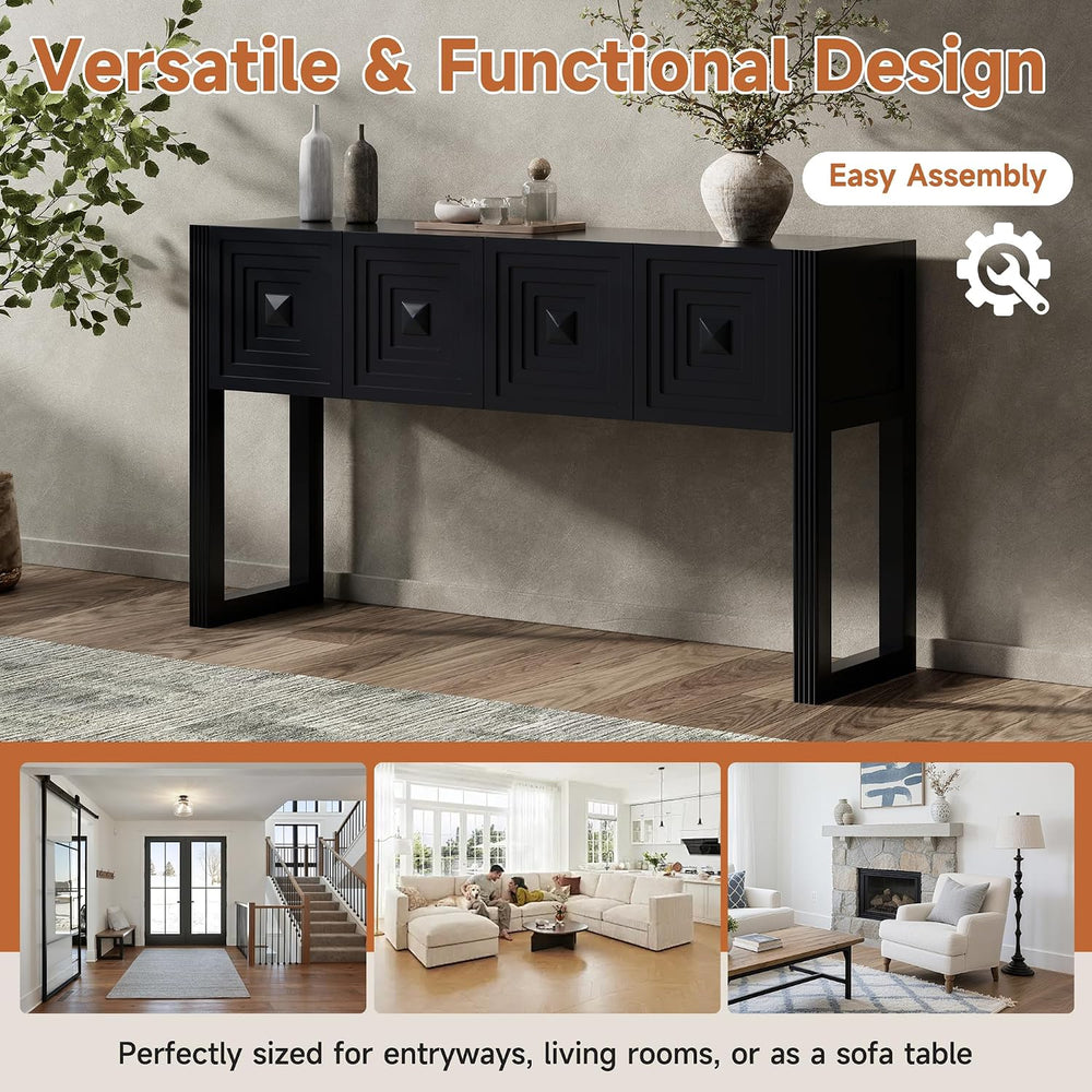 55 Inch Console Table with Geometric Carved Front | Pine wood and MDF build, ...