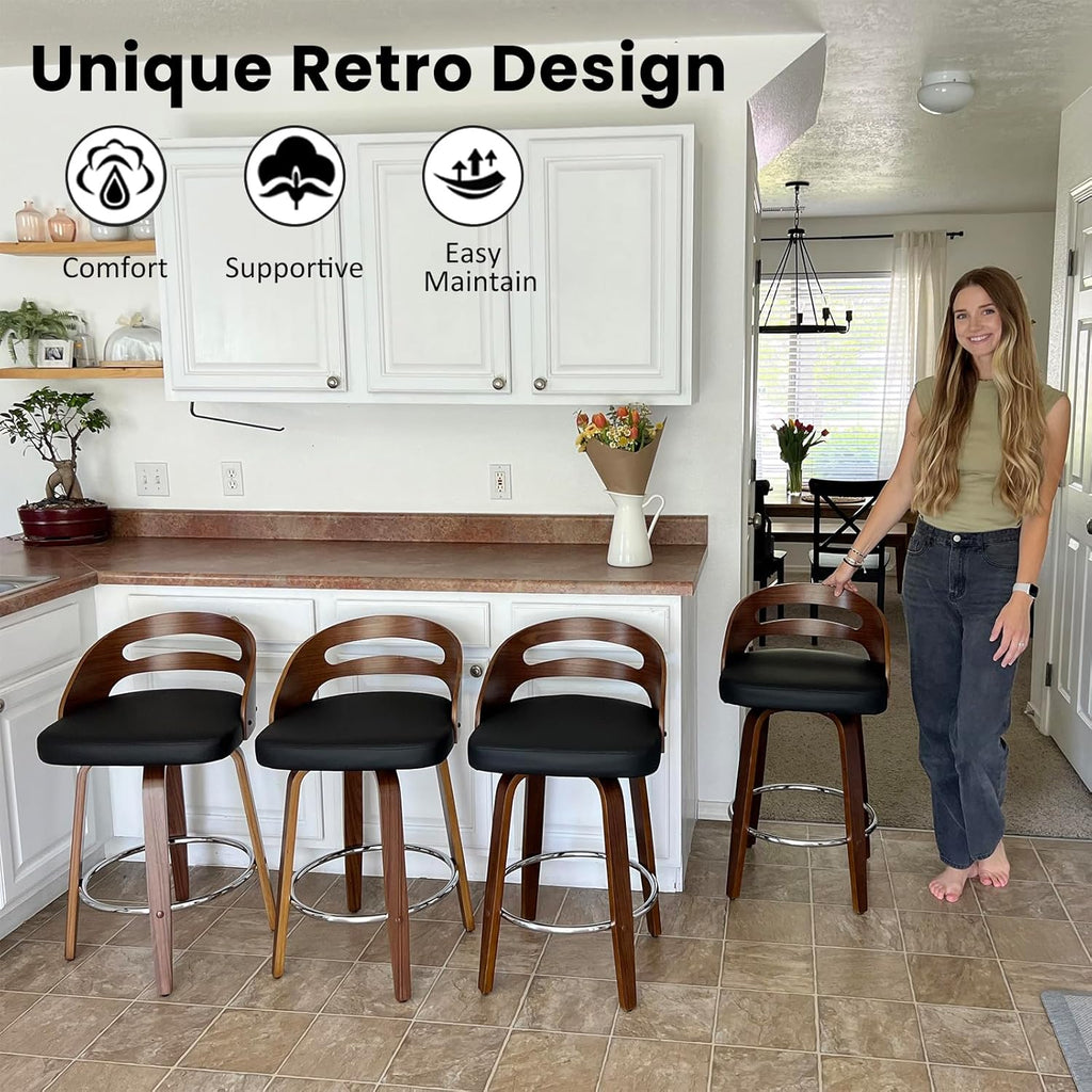 Counter Height Bar Stools, Mid Century Counter Stools with Walnut Finish | Natural Bentwood Frame, Easy-Grip Handle,Low Back, Upholstered Faux Leather, Kitchen Counter Stools for Kitchen, Pub, Cafe