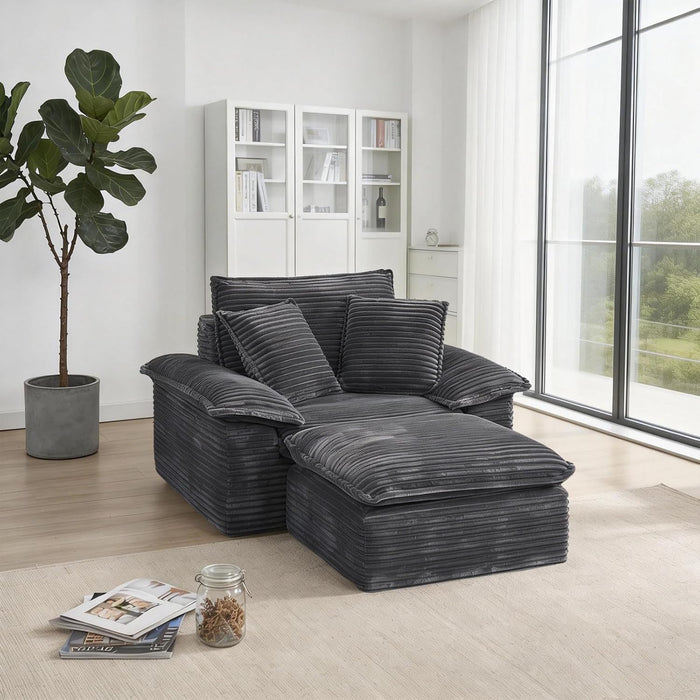 48'' Chaise Lounge Chair Indoor, Oversized Corduroy Upholstered Boneless Sofa Couch, Cloud-Like Sofa Bed with Ottoman for Living Room/Bedroom/Lounge (Dark Gray)