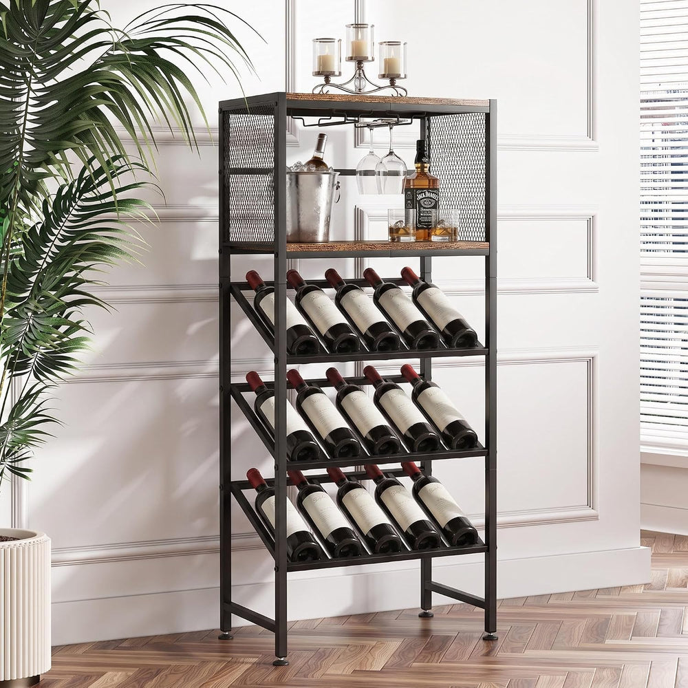 3-Tier Wine Rack Freestanding Floor with Glass & Storage Racks | Space-sa...