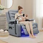 Olela Nursery Glider Recliner Chair - Electric Swivel Rocker with Heated Lumbar, Smart Cup Holder, USB Charging Ports, Blue Grey PU Leather