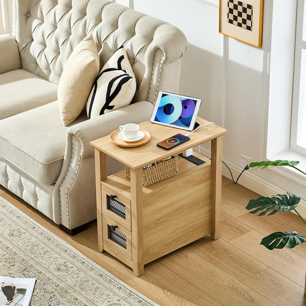 HDDDZSW Farmhouse XXL End Table with Charging Station, Narrow Side Table with...