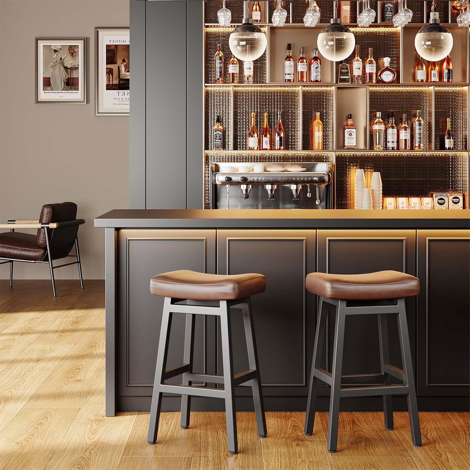 Raynesys 29 Inche Bonded Leather Counter Height Bar Stools Set of 2 Curved | Barstools with Curved Bonded Leather Seats & Heavy Duty Metal Legs for Kitchen Counter, Easy Assembly, Brown/Black
