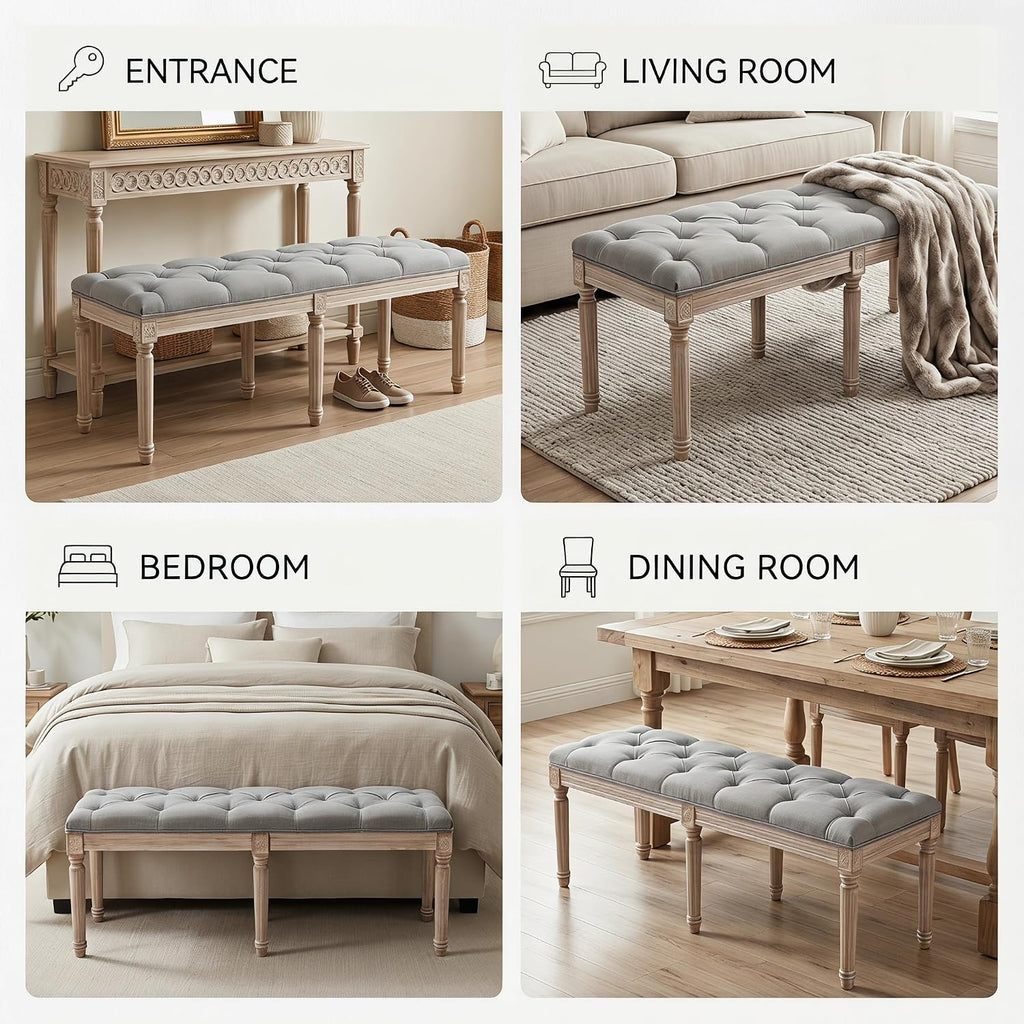 chairus Fabric Upholstered Dining Bench - Classic Entryway Ottoman Bench Bedroom Bench with Rustic Wood Legs - Gray
