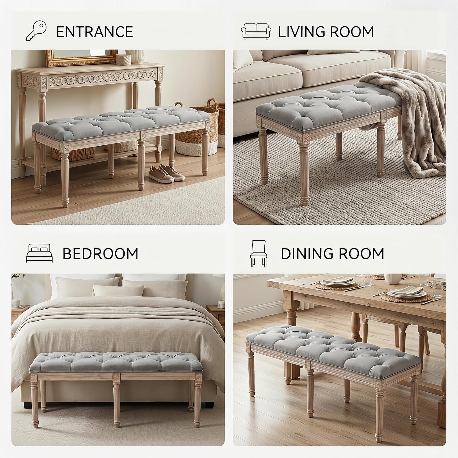 chairus Fabric Upholstered Dining Bench - Classic Entryway Ottoman Bench Bedroom Bench with Rustic Wood Legs - Gray