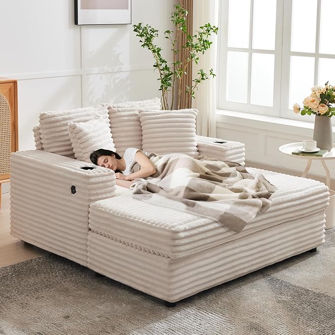 GarveeHome Oversized Chaise Lounge Chair Indoor, Comfy Corduroy Lounge Sofa with Charging Station, Cup Holders & Throw Pillows, Cozy Sleeper Couch for Living Room Apartments, Beige