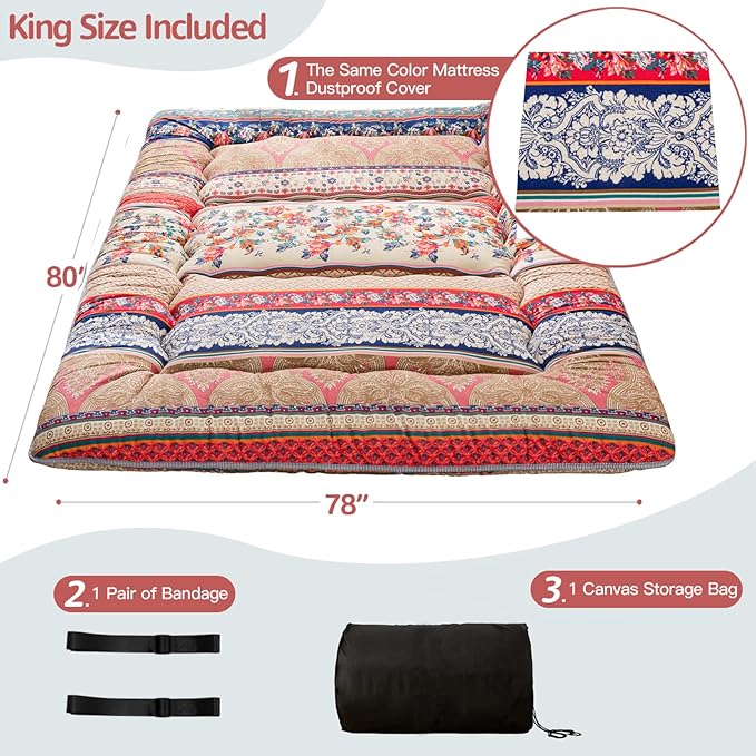 MAXYOYO Japanese Floor Mattress Futon Mattress, 4" Thicken Tatami Mat Sleeping Pad Foldable Roll Up Mat Boys Girls Dormitory Pad Kids Floor Lounger Pillow Bed, Charcoal Grey, Queen Size