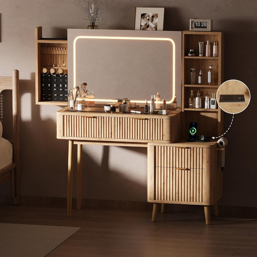 48"Wood Vanity with Clear Glass Top,Large Mirror and Lights,Natural Wood...