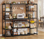 62.4in Large Bakers Rack with Power Outlet, Wide Kitchen Microwave Stand with Storage Shelves, 5-Tier Coffee Bar, Wine Rack, Goblet Holder, 8 Hooks, Wire Basket(Black)