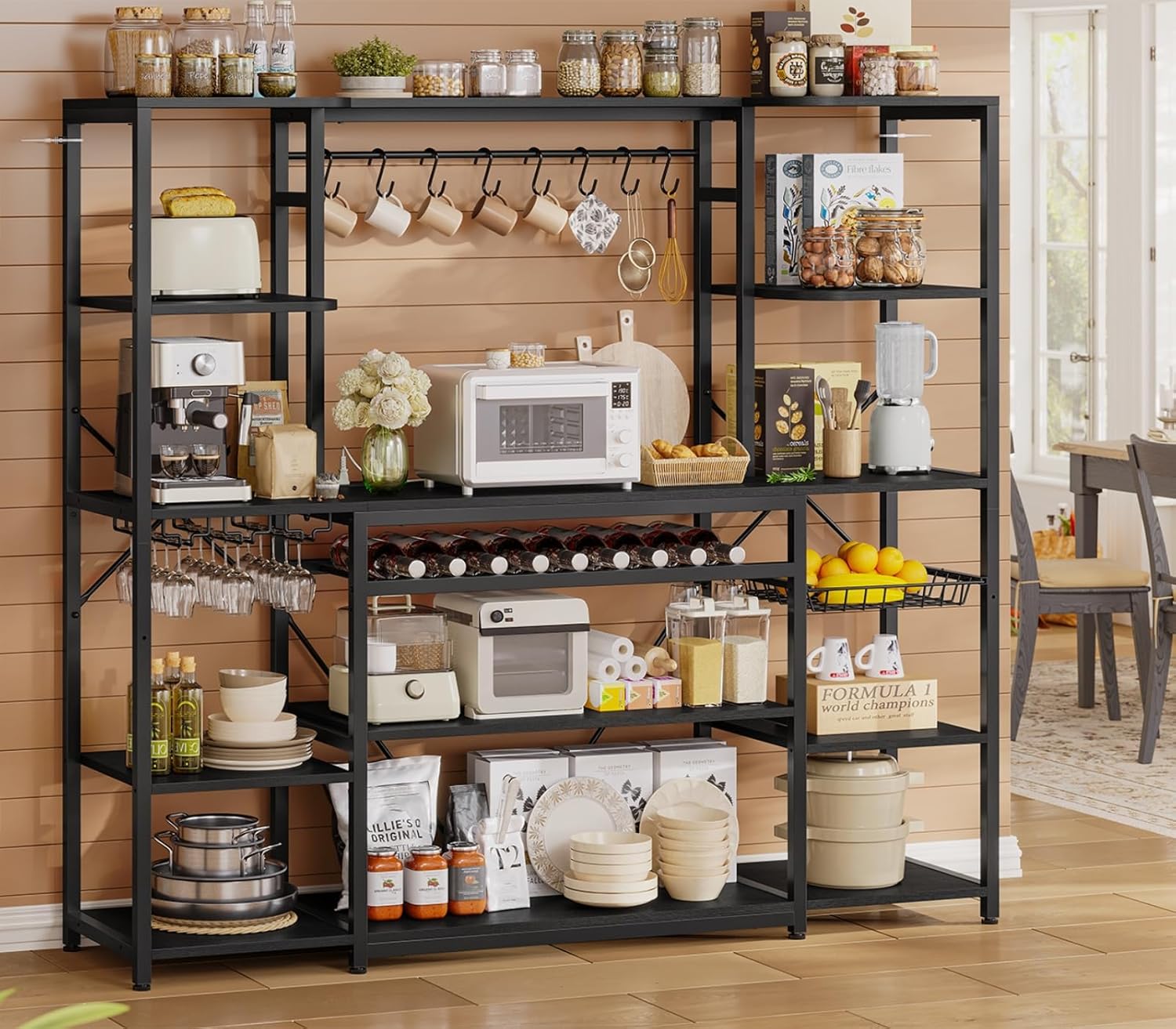 62.4in Large Bakers Rack with Power Outlet, Wide Kitchen Microwave Stand with Storage Shelves, 5-Tier Coffee Bar, Wine Rack, Goblet Holder, 8 Hooks, Wire Basket(Black)