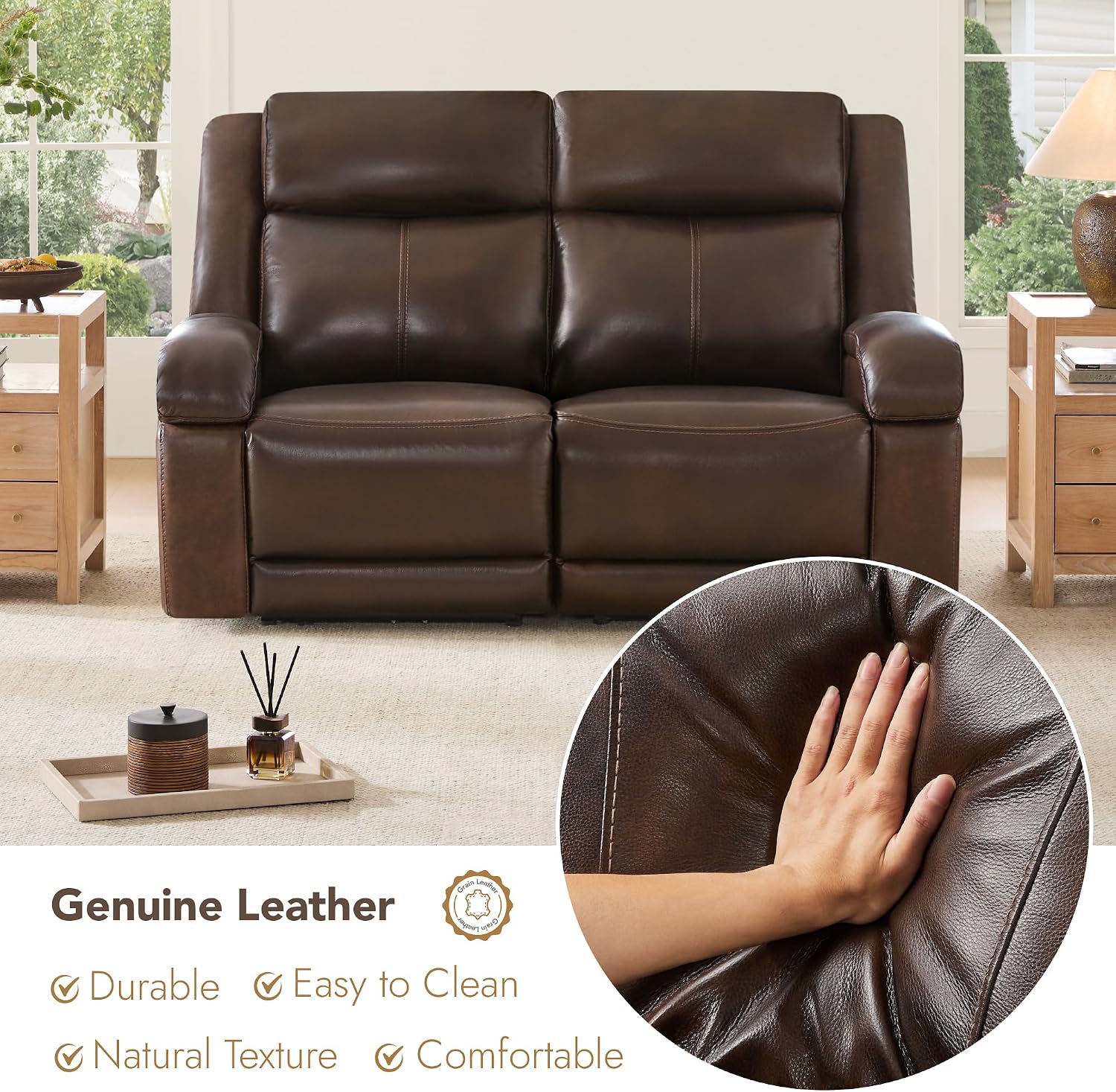 Watson & Whitely Genuine Leather Wall Hugger Power Recliner Loveseat, Brown | 2 Seater Reclining Sofa, Adjustable Power Headrests, USB & Type-C Charging Ports, Dual Recliners, Living Room & RV