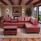 Sectional Couches for Living Room with Movable Chaise & Storage Ottoman - 97.5" Leather L Shaped Couches for Living Room Apartment, Home Modular Sectional Sofas with Cup Holder, Red