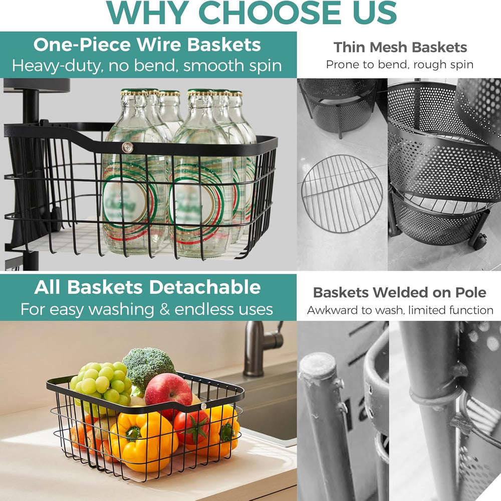5 Tier Kitchen Fruit Vegetable Storage Cart with One-Piece Rotating Basket, P...