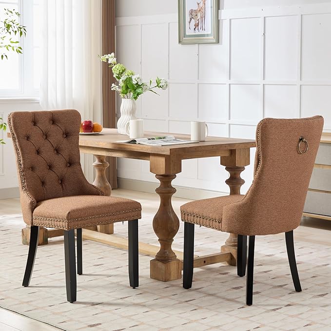 Brown Dining Chairs Set of 2, Upholstered Tufted Linen Fabric Dining Room Chairs with High Back, Nailhead Trim and Black Solid Wood Legs, Modern Dining Chair for Dining Room, Kitchen(Brown)